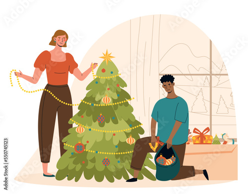 Family decorate xmas tree. Man and woman in apartment with toys. Comfort and cosiness in house. Preparing for winter holidays and New Year. Culture and traditions. Cartoon flat vector illustration
