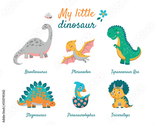 Fototapeta Naklejka Na Ścianę i Meble -  Set of dinosaurs. Collection of stickers for social networks and messengers. Animals before our era, nature and wild life concept. Cartoon flat vector illustrations isolated on white background