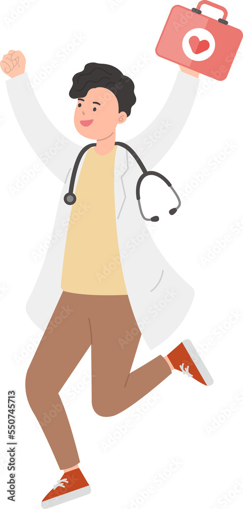 Paramedic or doctor or nurse man in physician gown jumping with medical box