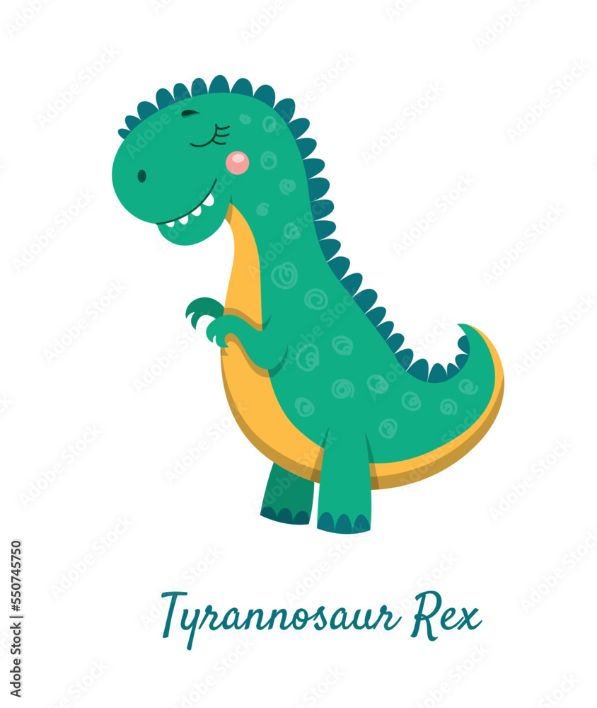 Obraz premium Cute tyrannosaurus rex icon. Sticker for social networks and messengers. Toy or mascot for kids. Nature and wildlife. Dangerous and scary predator, reptile and lizard. Cartoon flat vector illustration