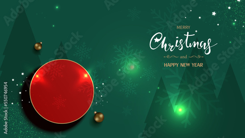 Christmas background, 3D circle podium for product display Top view in shiny luxury style. Abstract background. Christmas green background. Vector illustration
