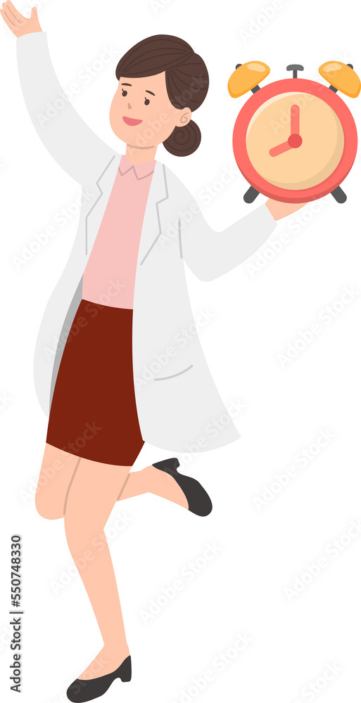 Paramedic or doctor or nurse woman in physician gown happy jumping with alarm clock or clock, important reminder