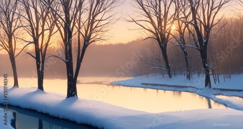 beautiful lake landscape in winter with snow, romantic ambiente, reed on riverbank
