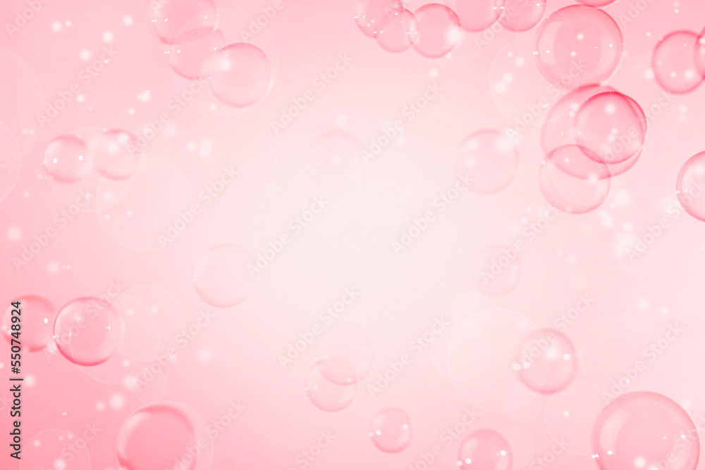 Abstract Beautiful Transparent Pink Soap Bubbles Frame Background. Defocus, Blurred Celebration, Romantic Love ValentinesTheme. Circles Bubbles. Empty White Space in Center. Freshness Soap Sud Bubbles