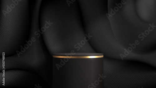 3D realistic elegant black and gold cylinder podium on dark fabric wrinkles scene background luxury style