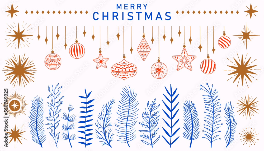 Obraz premium Set Christmas leaves plants hand drawn vector. Drawing beautiful creeper leaf, decorative set with leaves and lettering. Vector illustration. Hand draw elements set collection stars and sun vector
