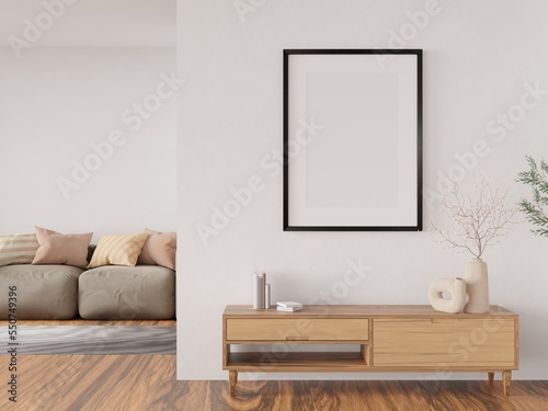 Vertical frame mockup in living room interior. 3d rendering, 3d illustration