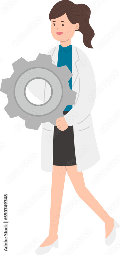 Paramedic or doctor or nurse woman in physician gown with gears and machinery Paramedic or doctor or nurse woman in physician gown with gears and machinery