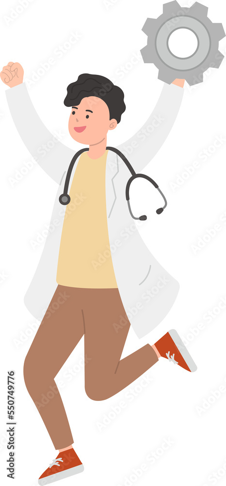 Paramedic or doctor or nurse man in physician gown happy jumping with gears and machinery Paramedic or doctor or nurse man in physician gown happy jumping with gears and machinery