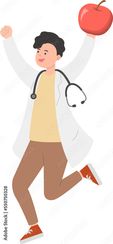 Paramedic or doctor or nurse man in physician gown happy jumping with red apple Paramedic or doctor or nurse man in physician gown happy jumping with red apple
