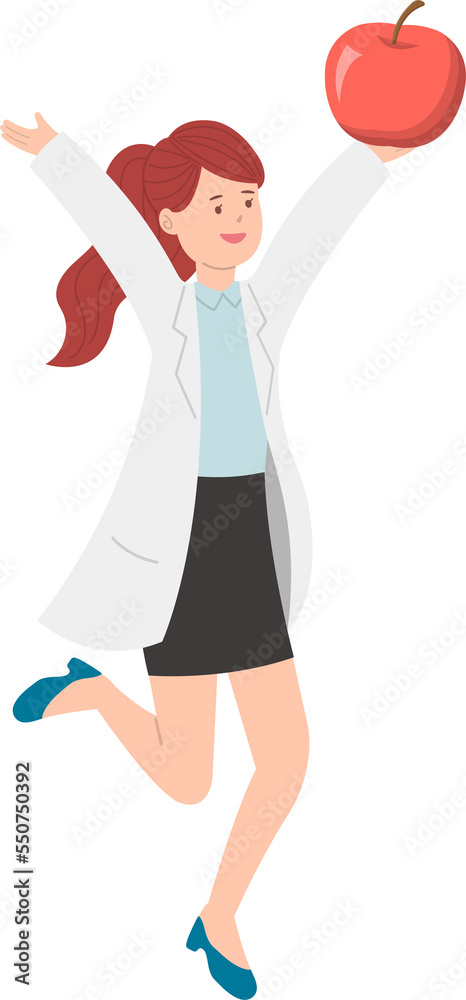 Paramedic or doctor or nurse woman in physician gown happy jumping with red apple Paramedic or doctor or nurse woman in physician gown happy jumping with red apple