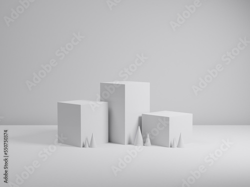 podium in a white scene background for product promotion, 2 soft light sources.