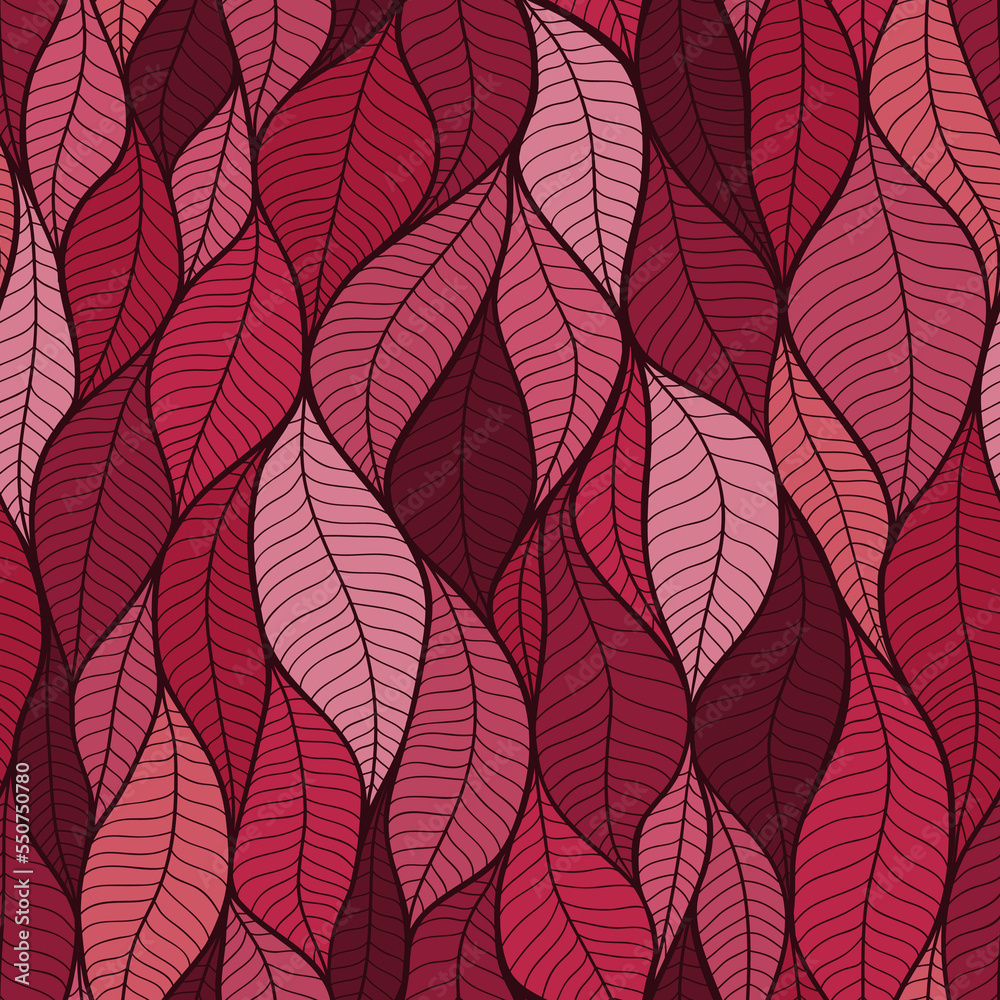Vector seamless pattern trending color of the year 2023 viva magenta. Abstract geometry with leaves