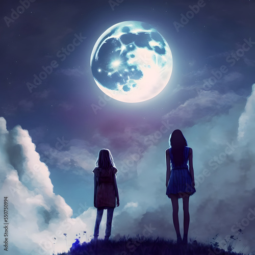 two girls looking up at the Moon in night sky, neural network generated art photo