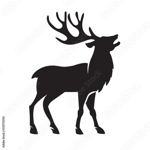 Black silhouette of stag with big antlers. Deer vector illustration.