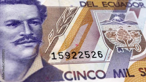 Ecuador Ecuadorian Sucrea 5000 Banknotes, Five Thousand Ecuadorian Sucrea, Close-up and macro view of the Ecuadorian Sucrea, Tracking and Dolly Shots 5000 Ecuadorian Sucrea banknote Observe and