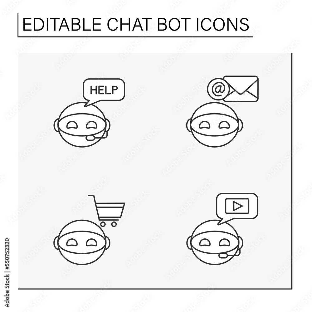Chatbot line icons set. Bot help users. Communication and recommendations. Robot concepts. Isolated vector illustrations. Editable stroke Chatbot line icons set. Bot help users. Communication and recommendations. Robot concepts. Isolated vector illustrations. Editable stroke