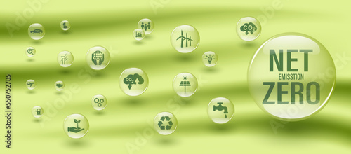 Banner Net Zero. Zero emissions concept by 2050. Long-term strategy for a net zero emissions target, no toxic gases (vector illustration). EPS 10 vector