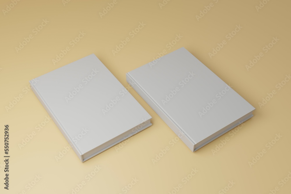 Hardcover book template, two blank books lying on brown background for design purposes, 3d rendering Hardcover book template, two blank books lying on brown background for design purposes, 3d rendering
