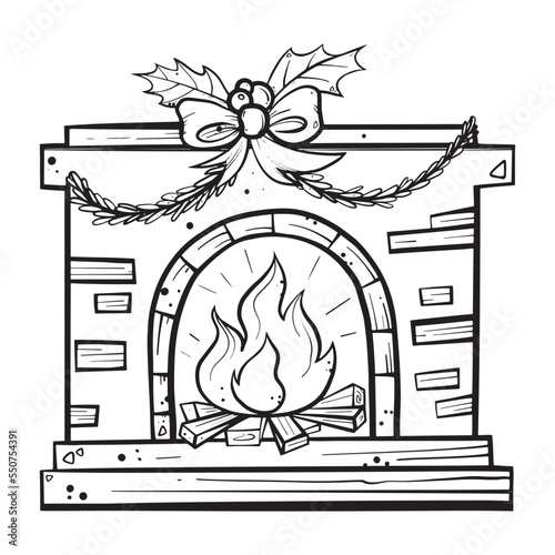 Christmas fireplace decorated with flying dashes and pine leaves