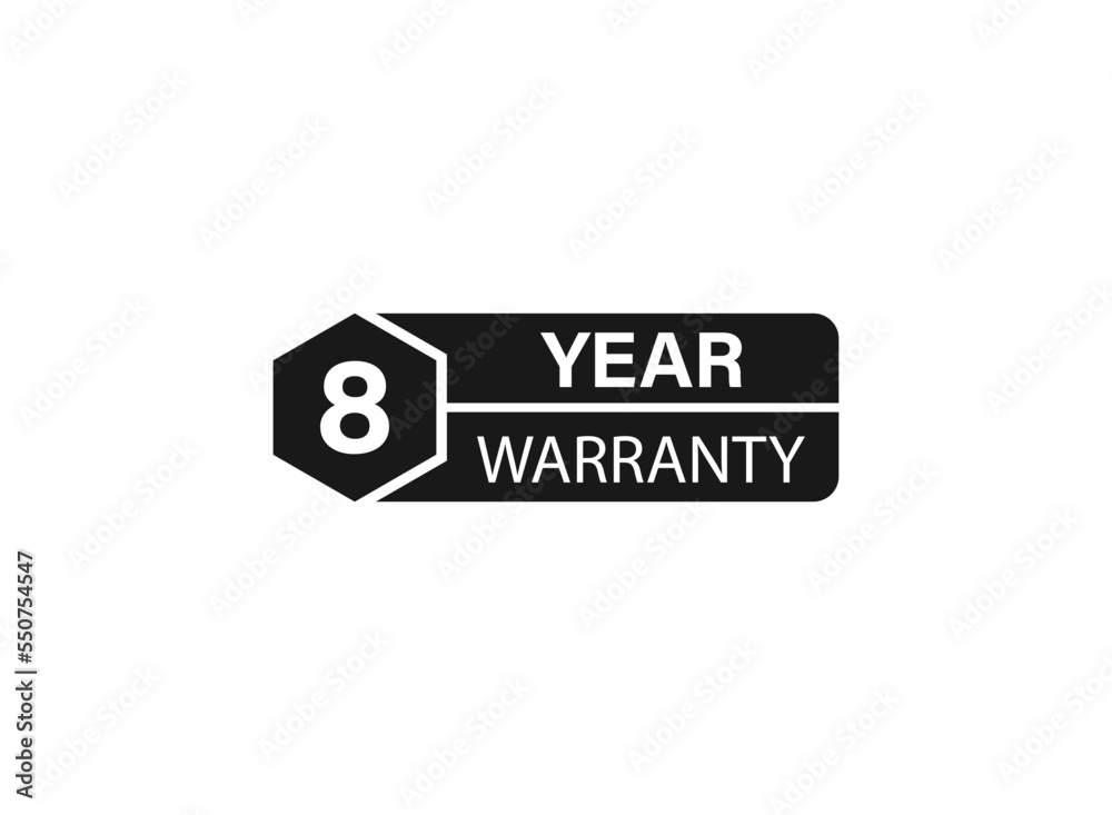8 year warranty stamp on white background. Sign, label, sticker.