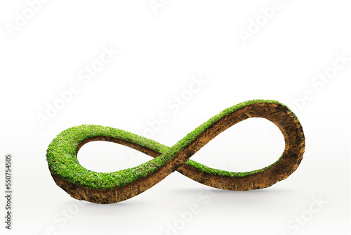 3d illustration of infinity environment concept. infinite earth land with green grass isolated. Eco and circular economy concept. Earth land with green grass isolated on white background.