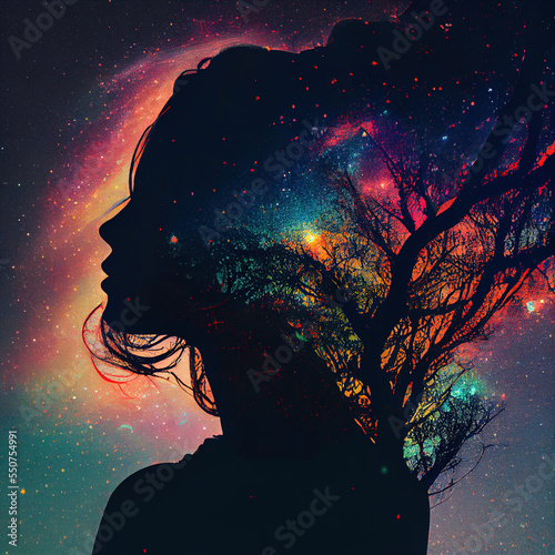 Fotografia silhouette of girl combined with branches on galaxy background