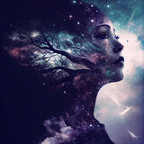 silhouette of girl combined with branches on galaxy background