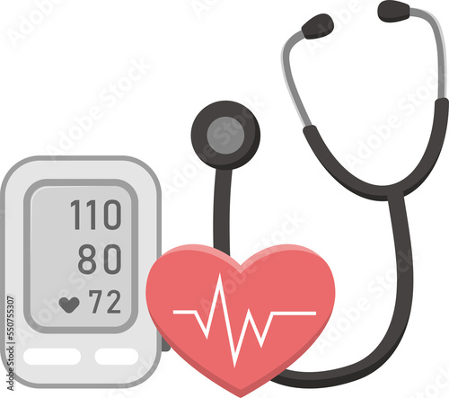 Vector cartoon icon of measuring blood pressure, sphygmomanometer with stethoscope and heartbeat