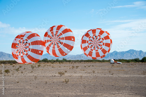 Parachute system for Orion, America’s spacecraft deployed. Digitally enhanced. Elements of this image furnished by NASA.