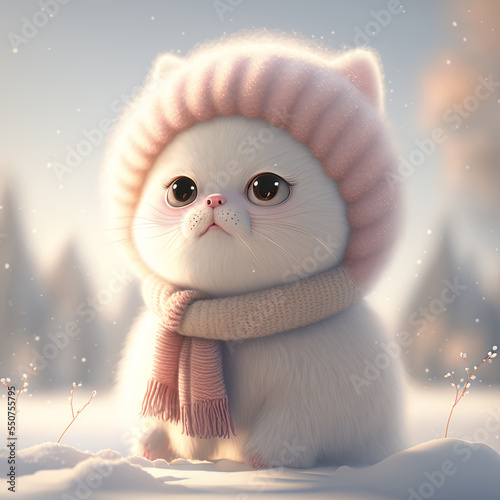 Hermoso y tierno gatito blanco abrigado para invierno, creado con inteligencia artificial