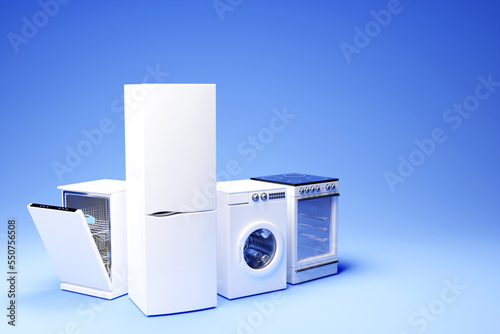 Realistic mockup of a washing machine, dishwasher, stove and refrigerator on a blue background. 3d Household appliances for household chores.