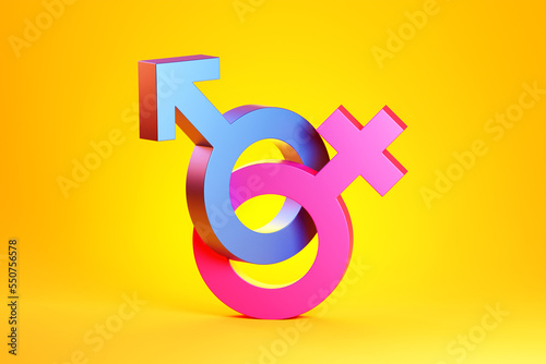 3D illustration, minimalist concept. Male and female symbols joined together on yellow background. . Sexual symbols. Gender icon. Couple man and woman. photo