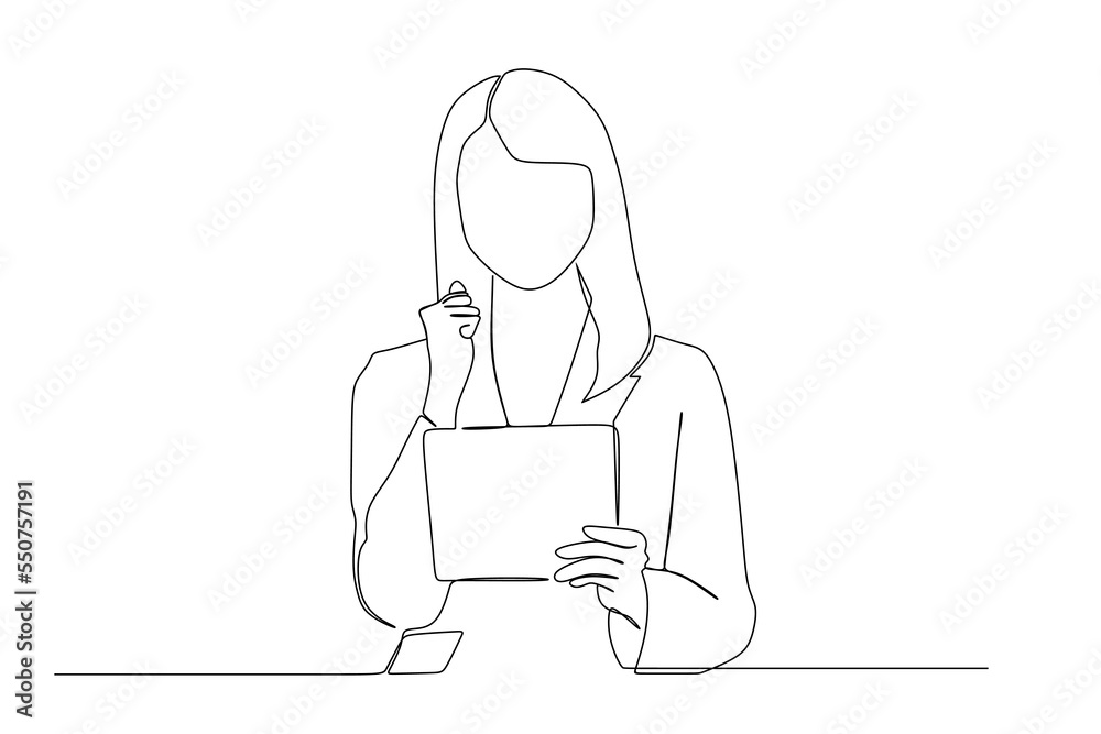 continuous line drawing of smiling businesswoman with the tablet continuous line drawing of smiling businesswoman with the tablet
