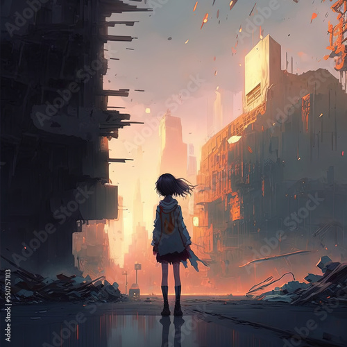 Little girl standing in front of the ruined city. modern digital art illustration wallpaper.