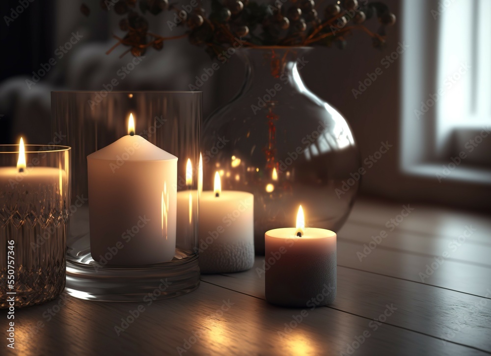 Beautiful set of candles on a wooden table beside a window Beautiful set of candles on a wooden table beside a window