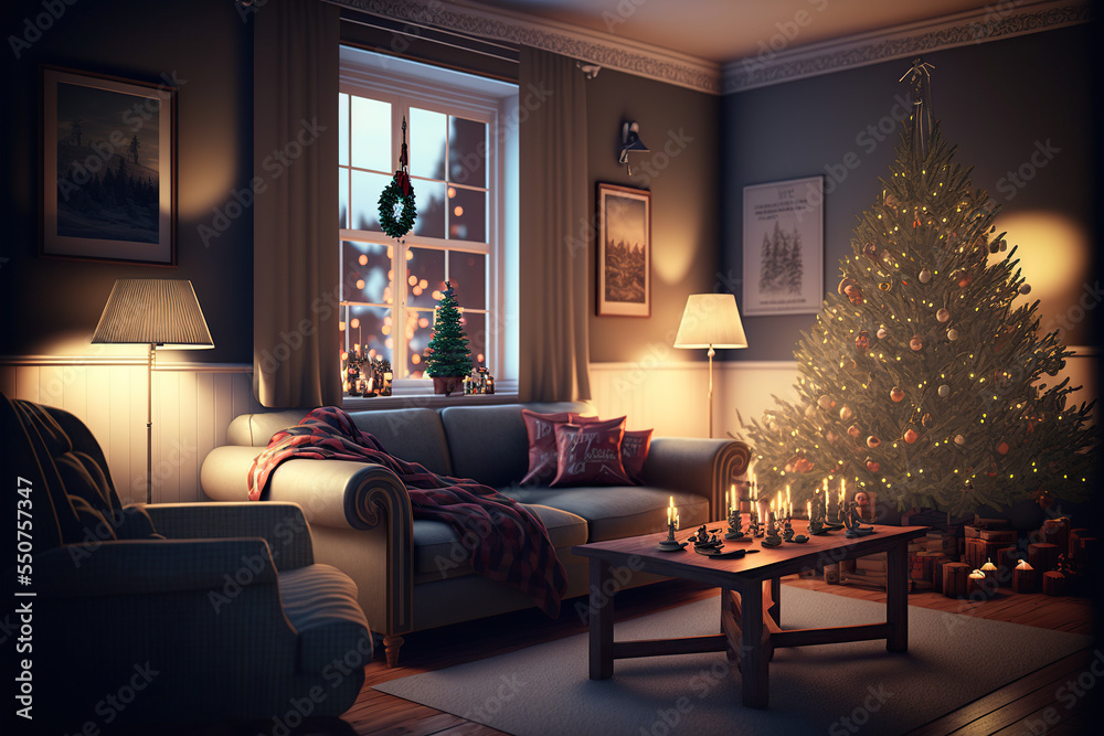 Very cozy living room with a beautiful christmas tree and a big window  Stock Illustration | Adobe Stock