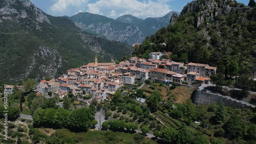 Village Of Saint Agnes And Its Scenic Surroundings In Alpes-Maritimes Department in the Provence-Alpes-Côte d'Azur Region, Southeastern France - aerial drone shot Village Of Saint Agnes And Its Scenic Surroundings In Alpes-Maritimes Department in the Provence-Alpes-Côte d'Azur Region, Southeastern France - aerial drone shot