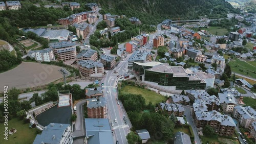 Hotel Buildings Near Ski Resort In The Village Of La Massana In Andorra. aerial photo