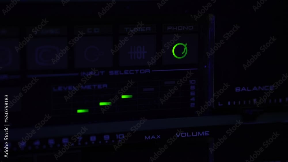 Phono Selector and Peak Level Meters on Amplifier. Listening Vinyl Record Loudly 60fps Phono Selector and Peak Level Meters on Amplifier. Listening Vinyl Record Loudly 60fps