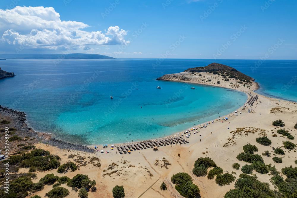 Aerial view of Simos beach in Elafonisos. Located in south Peloponnese elafonisos is a small island very famous for the paradise sandy beaches and the turquoise waters