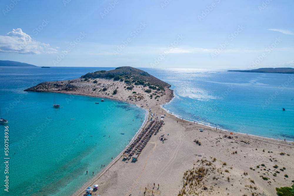 Aerial view of Simos beach in Elafonisos. Located in south Peloponnese elafonisos is a small island very famous for the paradise sandy beaches and the turquoise waters
