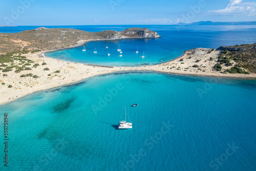 Aerial view of Simos beach in Elafonisos. Located in south Peloponnese elafonisos is a small island very famous for the paradise sandy beaches and the turquoise waters