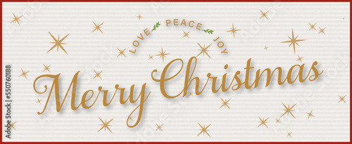 Elegant Gold Text Web Banner Merry Christmas Love Peace Joy with Stars on Lightly Striped Background with Holiday Red Border