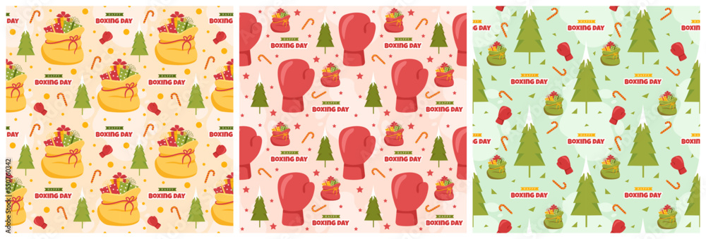Set of Boxing Day Sale Seamless Pattern Design with Glove and Gift Box for Promotion or Shopping on Template Hand Drawn Cartoon Flat Illustration Set of Boxing Day Sale Seamless Pattern Design with Glove and Gift Box for Promotion or Shopping on Template Hand Drawn Cartoon Flat Illustration