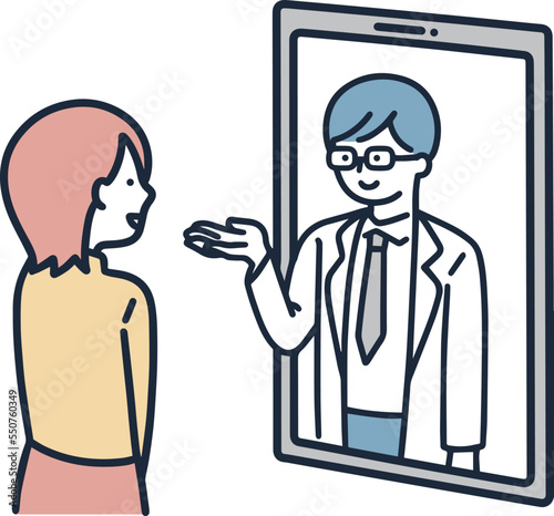オンラインで診断を受ける女性　シンプルイラスト
