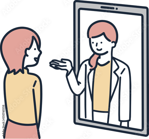 オンラインで診断を受ける女性　シンプルイラスト