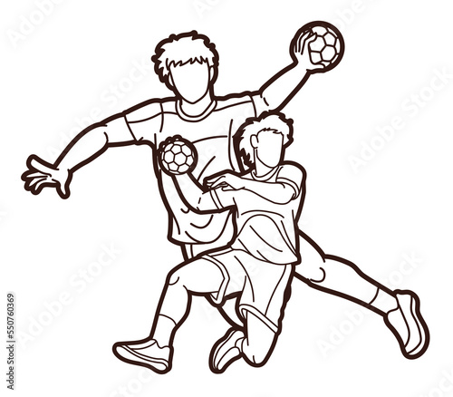 Group of Handball Sport Male Players Team Men Mix Action Cartoon Graphic Vector