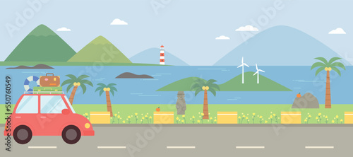 Jeju Island Sea Trip. Cars loaded with travel luggage are running along the coastal road.