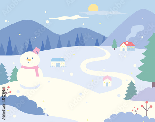 snowy town. There is a cute snowman and a village can be seen in the distance. Smoke is coming out of the chimney.